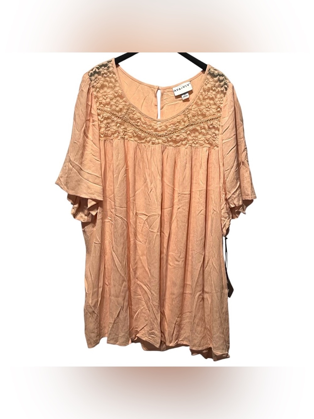 AVA & VIV Women’s Coral Peach Peasant Blouse Crochet Neck Flutter Sleeves - NWT